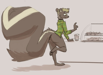 anthro bakery barefoot big_tail black_pawpads bottomless bottomless_male butt cafe casual_exposure clothed clothing feet femboy male pawpads paws plantigrade public public_nudity soles solo tail toes vanillayote vanilla_(vanillayote) mammal mephitid skunk
