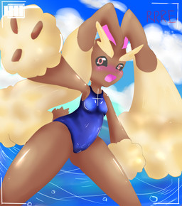 anthro blush breasts camera_view clothing cloud day female foreshortening fur looking_at_viewer one-piece_swimsuit open_mouth outside recording sea seaside sky small_breasts solo swimwear water raveneevee nintendo pokemon generation_4_pokemon lagomorph lopunny mammal pokemon_(species) 2016 digital_media_(artwork) digital_painting_(artwork) hi_res painting_(artwork)