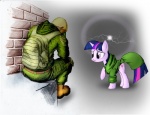 brick_wall cape clothing duo facepalm farewell female feral fur hair horn male multicolored_hair portal purple_body purple_fur purple_hair quadruped sad tail two_tone_hair wall_(structure) unknown_artist friendship_is_magic hasbro my_little_pony mythology s.t.a.l.k.e.r. twilight_sparkle_(mlp) equid equine human mammal mythological_creature mythological_equine unicorn crossover