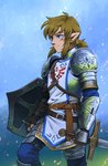 armor belt blonde_hair blue_eyes clothing dirty fingerless_gloves gloves hair handwear humanoid_pointy_ears male melee_weapon not_furry pointy_ears shield shoulder_pads solo sword weapon detkef nintendo the_legend_of_zelda link humanoid hylian 2020 hi_res