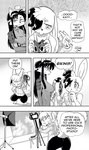 anthro bikini bodily_fluids breasts canid canine clothed clothing comic cookie_(furryfight_chronicles) daigaijin dialogue ellipsis english_text female fox furryfight_chronicles group hi_res kalita_(furryfight_chronicles) lagomorph leporid looking_back lucha_libre_mask mammal mask monochrome muko open_mouth rabbit rear_view rodent sciurid shirt sports_mask sportswear sweat swimwear tank_top text topwear tree_squirrel wrestling_mask