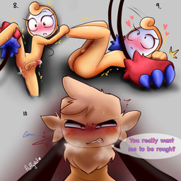 anthro balls blush bodily_fluids comic_panel cum cum_on_penis dialogue duo duo_focus excited genital_fluids genitals group male male/male penis roblox_skin speech_bubble text fluffystuf_nsfw blushcrunch_studio dandy's_world roblox glisten_(dandy's_world) goob_(dandy's_world) canid canine canis domestic_dog mammal 1:1 comic cover cover_art cover_page english_text hi_res