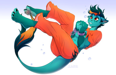 anthro areola biped bottomwear breasts clothed clothing cuff_(restraint) feet female handcuffed handcuffs metal_cuffs nipples orange_clothing restraints solo submissive submissive_anthro submissive_female tail toes topwear underwater water conditional_dnp scappo unadi scalie