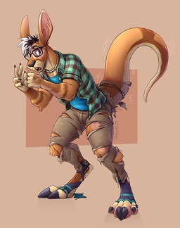 4_toes 5_fingers anthro biped black_claws black_hair black_nose blue_clothing blue_shirt blue_topwear bottomwear claws clothed clothing eyewear feet finger_claws fingers fur glasses growth hair highlights_(coloring) human_to_anthro jewelry male necklace open_mouth pants pattern_clothing pattern_shirt pattern_topwear plaid plaid_clothing plaid_outerwear plaid_shirt plaid_topwear red_eyes shirt simple_background solo species_transformation tail tail_growth tan_background tan_body tan_fur toe_claws toes topwear torn_bottomwear torn_clothing torn_pants transformation white_highlights tazara kangaroo macropod mammal marsupial 2024 hi_res