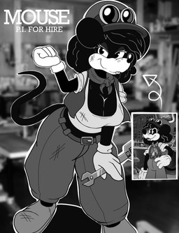 anthro big_breasts bodily_fluids breasts buckteeth cleavage clothed clothing female fleischer_style_toon lipstick looking_at_viewer makeup shirt solo sweat sweatdrop tank_top teeth tools toony topwear wrench zebra10045 mouse:_p.i._for_hire tammy_tumbler mammal mouse murid murine rodent 2026 black_and_white digital_media_(artwork) hi_res monochrome reference_image