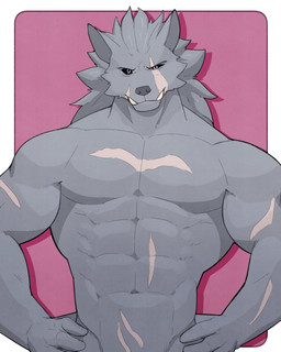 anthro black_sclera fur grey_body grey_fur hands_on_hips looking_at_viewer male muscular muscular_anthro muscular_male purple_eyes scar simple_background solo jrjresq elden_ring fromsoftware blaidd_(elden_ring) canid canine canis mammal wolf 2022 4:5 hi_res