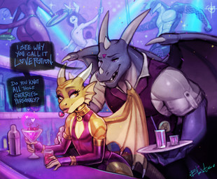 alcohol anthro arm_warmers armwear back_wings beverage blue_body blue_scales clothing cocktail cocktail_glass collar collared_shirt container cup curved_horn dialogue dress dress_shirt drinking_glass duo facial_fin femboy glass glass_container glass_cup gold_(metal) gold_collar half-closed_eyes horn latex latex_armwear latex_clothing male membrane_(anatomy) membranous_wings metal_collar narrowed_eyes open_mouth open_smile purple_membrane scales shirt smile speech_bubble text topwear vest white_body white_membrane white_scales wings bleats mythology goldy_(golden.dragon) dragon mythological_creature mythological_scalie scalie winged_dragon english_text hi_res