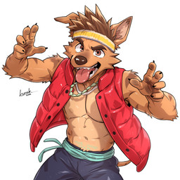 5_fingers accessory anthro athletic athletic_anthro athletic_male beard biped black_claws blue_bottomwear blue_clothing blue_pants bottomwear brown_body brown_eyebrows brown_eyes brown_fur brown_hair brown_inner_ear_fluff brown_nose brown_stripes brown_tail cheek_tuft claws clothed clothed_anthro clothed_male clothing eyebrows facial_hair facial_tuft fangs finger_claws fingers fur glistening glistening_eyes hair headband inner_ear_fluff jacket jewelry looking_at_viewer male male_anthro markings necklace open_clothing open_jacket open_mouth open_topwear pants red_clothing red_jacket red_topwear simple_background solo striped_body striped_fur striped_markings striped_tail stripes tail tail_markings teeth text text_on_body tongue tongue_out topwear tuft white_background kumak71395 dreamworks forgotten_island raww_(forgotten_island) canid canine mammal werecanid werecanine werecreature weredog 1:1 2026 artist_name digital_drawing_(artwork) digital_media_(artwork) english_text hi_res