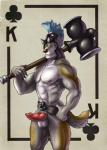 abs animal_genitalia animal_penis anthro armor armor_only athletic balls belt belt_only biceps big_muscles biped black_nose blue_eyes brown_body brown_fur canine_genitalia canine_penis card card_template claws clubs_(suit) erection fur genitals grey_body grey_fur grin hammer headgear headgear_only helmet helmet_only king_of_clubs knot male maul melee_weapon muscular muscular_anthro muscular_male nipples nude pecs penis playing_card playing_card_template pose sheath smile solo standing suit_symbol tan_body tan_fur teeth tools vein veiny_penis weapon white_body white_fur mickey_the_retriever canid canine canis mammal wolf 2014 hi_res