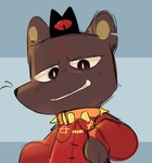 alternate_costume brown_body clothed clothing collar golden_collar jacket male red_clothing red_jacket red_topwear smile smug smug_grin snaggle_tooth solo spiked_collar spikes topwear whiskers rabiesram cult_of_the_lamb massive_monster_(studio) ratau_(cult_of_the_lamb) red_crown_(cult_of_the_lamb) mammal murid murine rat rodent hi_res icon portrait