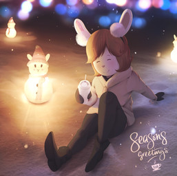 anthro beverage blind blush bokeh boots christmas_decorations christmas_lights clothing coffee disability earmuffs female footwear gloves handwear holidays jacket lamp shoes sitting smile snow solo topwear young young_anthro young_female bzeh arthur_(series) christmas marina_datillo lagomorph leporid mammal rabbit 2022 hi_res