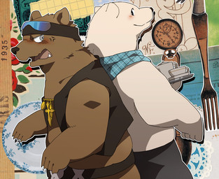 accessory anthro belt blush clothing container cup cutlery duo eyewear fork glasses headband jewelry kitchen_utensils looking_at_viewer male open_mouth tools topwear vest ni_ki nikiciy shirokuma_cafe grizzly_(shirokuma_cafe) shirokuma bear brown_bear grizzly_bear mammal polar_bear ursine