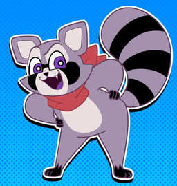 ambiguous_gender anthro black_body black_fur black_nose blue_background cheek_tuft dotted_background drop_shadow eye_markings eyebrows facial_tuft featureless_crotch feet fingers front_view fur gloves_(marking) gradient_background grey_body grey_fur hand_on_hip hands_on_hips kerchief kerchief_only leaning leaning_forward leg_markings looking_at_viewer markings mostly_nude multicolored_body multicolored_fur neckerchief neckerchief_only neckwear on_model open_mouth open_smile outline pattern_background pupils purple_eyes purple_tongue raised_eyebrow raised_tail red_kerchief red_neckerchief simple_background slightly_chubby smile snaggle_tooth socks_(marking) solo standing striped_markings striped_tail stripes tail tail_markings toes tongue tuft white_outline white_pupils bashbutterbean indigo_park rambley_raccoon mammal procyonid raccoon 2024 digital_media_(artwork) flat_colors full-length_portrait hi_res portrait male_(lore)