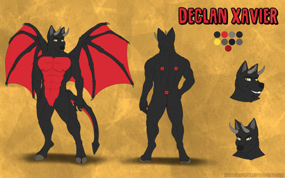 anthro black_body black_fur featureless_crotch fur horn male membrane_(anatomy) membranous_wings solo wings yellow_eyes haylobun mythology declan_xavier_(character) canid canid_demon demon mammal 16:10 better_version_at_source model_sheet widescreen
