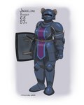 anthro armor blue_clothing brown_body brown_eyes brown_fur chainmail clothing female full_armor fur headgear helmet mature_female melee_weapon notched_ear plate_armor purple_clothing sallet shield solo sword weapon panzerschreckleopard jaqueline_(panzerschreckleopard) hyena mammal spotted_hyena 2023 4:5 absurd_res colored hi_res