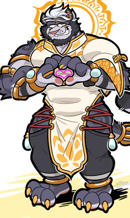 angel_halo anklet anthro beard black_striped_fur black_stripes bracelet claws clock clothed clothing ear_cuff ear_piercing facial_hair facial_markings fur golden_claws hair halo head_markings heart_symbol jewelry male markings piercing pink_nose purple_body purple_fur restraints ring smile smiling_at_viewer solo stripes tail watch white_hair yellow_claws yellow_eyes wizzdono kygehn felid mammal pantherine tiger 3:5 absurd_res hi_res