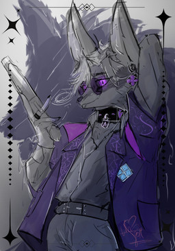 anthro choker clothing ear_piercing ear_ring eyewear glasses gun handgun jewelry male necklace piercing pistol purple_clothing purple_eyes ranged_weapon ring_piercing solo weapon wearing_glasses vinogor busy_(vinogor) canid canine fennec_fox fox mammal true_fox absurd_res hi_res model_sheet sketch