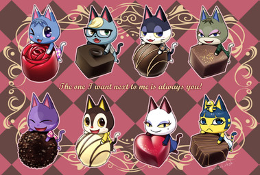 anthro blonde_hair blue_body blue_fur candy chibi chocolate dessert eyewear female food fur glasses group hair heterochromia holidays lidded_eyes male purple_body purple_fur text hellox2 animal_crossing nintendo valentine's_day ankha_(animal_crossing) bob_(animal_crossing) kitty_(animal_crossing) olivia_(animal_crossing) punchy_(animal_crossing) raymond_(animal_crossing) rosie_(animal_crossing) rudy_(animal_crossing) domestic_cat felid feline felis mammal english_text