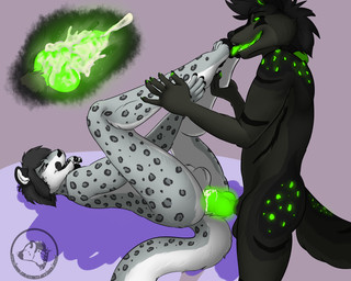 4_toes 5_fingers anal anal_penetration animal_genitalia animal_penis anthro bioluminescence black_body black_fur black_hair bodily_fluids canine_genitalia canine_penis claws cum cum_in_ass cum_inside cumshot duo ejaculation feet fingers foot_fetish foot_lick foot_play fur genital_fluids genitals glowing glowing_genitalia green_body green_fur green_penis grey_body grey_fur hair humanoid_hands knot licking licking_lips licking_own_lips male male/male male_penetrated male_penetrating male_penetrating_male multicolored_body multicolored_fur pawpads paws penetration penis self_lick sex toes tongue tongue_out jecsh monty_greymane canid canine canis felid leopard mammal pantherine snow_leopard wolf 5:4 hi_res
