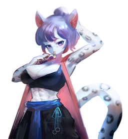 anthro big_breasts biped blush breasts clothed clothing eyebrows female fur hair leopard_spots muscular muscular_anthro muscular_female pawpads purple_eyes purple_hair simple_background solo spots white_background white_body white_fur utterangle felid leopard mammal pantherine hi_res