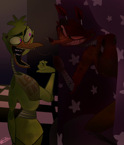 anthro bib checkered checkered_floor curtains dark duo exposed_endoskeleton eye_patch eyewear female hook hook_hand machine male pink_eyes pirate teeth yellow_eyes arrancargirl6464 five_nights_at_freddy's scottgames chica_(fnaf) foxy_(fnaf) animatronic avian bird canid canine chicken fox galliform mammal phasianid robot hi_res