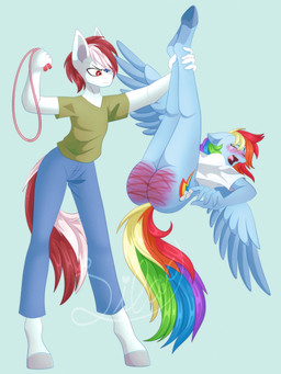 anthro blush bodily_fluids butt_slap corporal_punishment crying cutie_mark diaper_position duo female holding_both_legs holding_legs_up hooves legs_up punishment slap spank_marks spank_marks_on_ass spanked_butt spanking tears whip whipping wings sugarcraft_productions friendship_is_magic hasbro my_little_pony mythology fan_character rainbow_dash_(mlp) animal_humanoid equid equid_humanoid equine equine_humanoid horse humanoid mammal mammal_humanoid mythological_creature mythological_equine pegasus pegasus_humanoid pony winged_humanoid hi_res