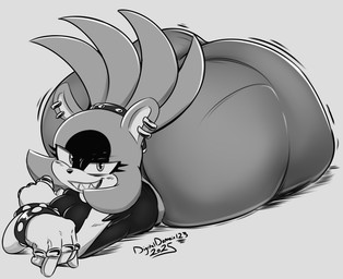 anthro big_butt butt clothed clothing countershading ear_piercing eyelashes facial_markings female fur grin head_markings huge_butt hyper hyper_butt looking_at_viewer lying lying_on_ground markings on_front on_ground piercing pupils sharp_teeth smile solo teeth teeth_showing text conditional_dnp digitaldomain123 idw_publishing sega sonic_the_hedgehog_(comics) sonic_the_hedgehog_(idw) sonic_the_hedgehog_(series) surge_the_tenrec afrosoricid mammal tenrec 2025 absurd_res artist_name greyscale hi_res monochrome signature