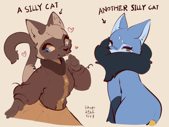 anthro blep blue_body blue_eyes blue_fur blush brown_body brown_fur brown_tail clothed clothed_anthro clothed_female clothing dipstick_tail duo female feral fully_clothed fully_clothed_anthro fully_clothed_female fur head_tuft markings simple_background tail tail_markings tan_background text tongue tongue_out tuft conditional_dnp tohupo cynthia_(tohupo) mirabella_(tohupo) domestic_cat felid feline felis mammal siamese_cat 2025 digital_drawing_(artwork) digital_media_(artwork) english_text hi_res