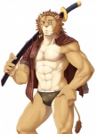 abs anthro athletic biceps big_muscles biped blue_eyes briefs brown_body brown_fur brown_hair bulge clothed clothing eyewear fur glasses hair katana looking_at_viewer male mane melee_weapon muscular muscular_anthro muscular_male open_clothing open_shirt open_topwear partially_clothed paws pecs pink_nose pose shirt simple_background solo speedo standing swimwear sword tan_body tan_fur topwear underwear weapon weapon_on_shoulder whiskers white_background white_body white_fur undertaker felid lion mammal pantherine hi_res