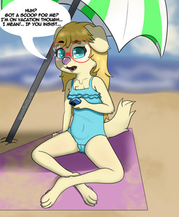 anthro beach_umbrella camel_toe cellphone clothing electronics eyewear female glasses one-piece_swimsuit parasol phone smartphone solo swimwear young young_female youaskedferrit phoebe_(youaskedferrit) bird_dog canid canine canis domestic_dog hunting_dog labrador mammal retriever hi_res