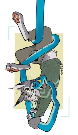 anthro blue_body blue_scales bottomwear clothed clothed_anthro clothed_male clothing duo feral fur grey_body grey_fur male male_anthro male_feral pants scales serpentine sweater topwear yellow_eyes osse1n disney zootopia gary_de'snake pawbert_lynxley canada_lynx felid feline lynx mammal pit_viper reptile scalie snake viper hi_res