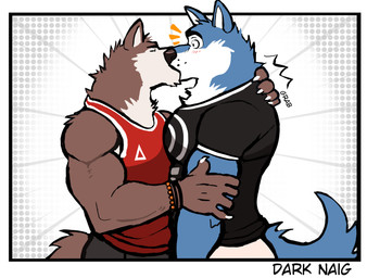 anthro anthro_on_anthro arm_around_shoulders bar_emanata biceps big_muscles blush border bottomwear bracelet claws clothed clothing dotted_background duo emanata eyebrows eyes_closed fur hand_behind_back hand_on_arm hug jewelry kiss_on_lips kissing male male/male muscular muscular_anthro muscular_male onomatopoeia pants pattern_background shirt side_view simple_background sound_effects standing surprise_kiss t-shirt tank_top text topwear tuft white_background white_border wide_eyed darknaigart canid canine canis mammal wolf 2022 absurd_res artist_name english_text hi_res