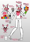 anthro bow_tie duo exposed_endoskeleton hand_puppet intersex looking_at_viewer machine markings open_mouth pink_markings puppet redesign short_tail tail text white_body yellow_eyes caloxya five_nights_at_freddy's five_nights_at_freddy's_2 scottgames mangle_(fnaf) animatronic canid canine fox mammal robot 2023 digital_media_(artwork) english_text hi_res model_sheet