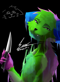 blue_body blue_fur fur green_body green_fur holding_object holding_weapon male mischievous_smile multicolored_body multicolored_fur pink_body pink_fur smile solo weapon enoxarts don't_touch_my_pizza_(meme) nyanwolf kevin_(nyanwolf) domestic_cat felid feline felis mammal absurd_res clip_studio_paint_(artwork) digital_drawing_(artwork) digital_media_(artwork) hi_res