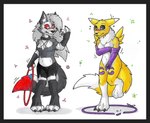 anthro black_border border breasts duo female hoop_transformation transformation transformation_ring danwolf15 bandai_namco digimon helluva_boss mythology danwolf_(character) loona_(helluva_boss) canid canid_demon canine canis demon digimon_(species) hellhound mammal mythological_canine mythological_creature renamon wolf hi_res