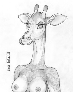 anthro areola barbell_piercing breasts eyelashes female front_view fur horizontal_pupils inner_ear_fluff licking lips long_neck mouth_closed narrowed_eyes nipple_barbell nipple_piercing nipples nude piercing pupils self_lick simple_background snout solo text tongue tongue_out tuft unimpressed white_background ecmajor regina_mallory_kensington giraffe giraffid hybrid mammal 2024 artist_name dated graphite_(artwork) greyscale half-length_portrait hi_res monochrome portrait shaded signature soft_shading traditional_media_(artwork)