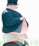 anthro belly belly_blush big_belly black_nose blush bodily_fluids body_blush bottomwear bottomwear_down briefs butt clothed clothing eyewear flaccid fur genital_fluids genitals glasses hat headgear headwear humanoid_genitalia humanoid_hands humanoid_penis kemono male outside overweight overweight_anthro overweight_male pants pants_down partially_clothed peeing penis penis_poking_out penis_through_fly shirt solo standing sweat tighty_whities topwear underwear urine white_body white_briefs white_clothing white_fur white_underwear sv_grart third-party_edit canid canine canis domestic_dog mammal 2020 censor_removal_edit hi_res