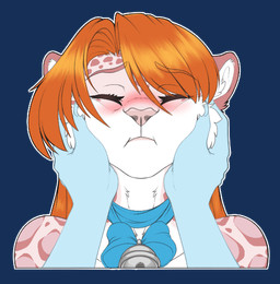 anthro bell bell_collar blush collar duo eyebrows face_squish fur hair hand_on_cheek male orange_hair pink_body pink_fur squish white_body white_fur accelo accelo_(character) felid mammal pantherine snow_leopard alpha_channel