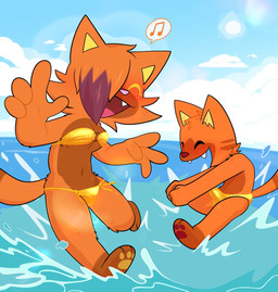 anthro beach bikini biped clothed clothed_anthro clothed_female clothed_male clothing detailed_background fangs female female_anthro fur gold_bikini gold_bikini_bottom gold_bikini_top male male_anthro orange_body orange_fur red_eyes splashing_water swimwear teeth two-piece_swimsuit crushpepper pepper_(crushpepper) pequin_(crushpepper) felid feline mammal digital_drawing_(artwork) digital_media_(artwork) hi_res brother_(lore) brother_and_sister_(lore) sibling_(lore) sister_(lore)