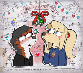 anthro black_body black_fur blonde_hair blue_eyes blush blush_lines blush_stickers clothed clothing duo eyewear female floppy_ears fully_clothed fur glasses hair male male/female merry_christmas mistletoe motion_lines plant ponytail shirt tan_body tan_fur text topwear tuft wearing_glasses 00niine liz_(00niine) nate_(00niine) canid canine canis domestic_dog mammal english_text sketch_page