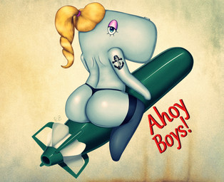 anthro big_butt blonde_hair blue_eyes butt clothed clothing female hair ponytail simple_background solo tattoo text thick_thighs thong topless underwear sirredbenjamin nickelodeon spongebob_squarepants pearl_krabs aquatic cetacean mammal physeteroid sperm_whale toothed_whale whale english_text