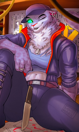 anthro belt boots bottomwear breasts clothing crop_top digit_ring dog_tags ear_piercing ear_ring eyebrows female finger_ring footwear fur glowing glowing_eyes green_sclera grey_body grey_fur hat headgear headwear jacket jewelry knife navel neck_tuft one_eye_closed pants piercing ring_piercing shirt shoes sitting solo text thick_thighs topwear tuft spongebandimark dreamworks the_bad_guys kitty_kat_(the_bad_guys) felid mammal pantherine snow_leopard 2025 absurd_res artist_name hi_res