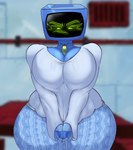 anthro between_breasts big_breasts blurred_background breasts canon_couple cleavage clothed clothed_female clothed_humanoid clothing duo extreme_size_difference female female_humanoid flare_pants frown huge_breasts husband husband_and_wife larger_female larger_humanoid machine male male/female male_anthro married_couple micro screen screen_face size_difference smaller_anthro smaller_male wife teenagebratwurst forbidden_pants nickelodeon spongebob_squarepants karen_plankton sheldon_j._plankton arthropod copepod crustacean humanoid marine maxillopod plankton_(species) robot robot_humanoid absurd_res hi_res