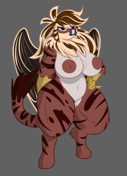 anthro beak big_breasts big_butt big_nipples breasts broad_shoulders brown_body brown_hair butt claws feathers female genitals hair hand_on_hip innie_vulva muscular muscular_female nipples paws simple_background slightly_chubby solo standing stripes tail vulva wide_hips wings villegreen mythology avian felid feline gryphon hybrid mammal mythological_avian mythological_creature absurd_res hi_res