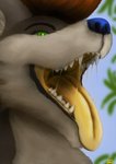 anthro blue_nose bodily_fluids fur green_eyes male mouth_shot open_mouth plant saliva saliva_string sharp_teeth smile solo teeth tongue tree white_body white_fur yellow_flesh yellow_insides yellow_mouth yellow_tongue rektalius canid canine canis mammal wolf headshot_portrait hi_res portrait