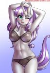 2017 absurd_res anthro anthrofied areola blush bra breasts clothing digital_media_(artwork) equid equine female friendship_is_magic gradient_background hair hasbro hi_res horn long_hair looking_at_viewer mammal multicolored_hair my_little_pony mythological_creature mythological_equine mythology navel nipples one_eye_closed open_mouth panties simple_background solo text twilight_velvet_(mlp) twistedscarlett60 two_tone_hair underwear unicorn