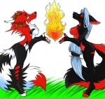 anthro breasts duo female fire heart_symbol horn nude tail bittenwolf temrin_(character) temrin_sanjem canid canine canis mammal wolf