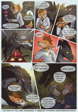 ambiguous_gender anthro argument begging biped black_body black_fur blue_eyes bodily_fluids brown_body brown_fur brown_hair card claws clothed clothing coat dialogue electricity fainted feral fur grimace group hair hand_on_face horn onomatopoeia orange_body orange_fur page_number quadruped shadow size_difference sound_effects speech_bubble sweat sweatdrop tail text topwear weapon white_clothing white_coat white_topwear wings yellow_eyes darkdraconica mythology patreon darky_(darkdraconica) dave_(darkdraconica) canid canine canis dragon fox mammal mythological_creature mythological_scalie scalie wolf 2022 absurd_res colored comic digital_drawing_(artwork) digital_media_(artwork) english_text hi_res url