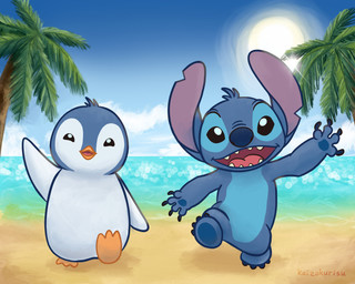 ambiguous_gender anthro beach beak blue_body blue_feathers blue_fur claws day duo feathers feral fingers fur head_tuft looking_at_viewer male notched_ear pawpads plant purple_inner_ear seaside semi-anthro smile sun toe_claws tree tuft walking water white_body white_feathers young young_ambiguous young_anthro young_feral kaizokurisu disney lilo_and_stitch stitch_(lilo_and_stitch) alien avian bird experiment_(lilo_and_stitch) penguin 2020 hi_res