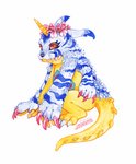 ambiguous_gender animal_skin black_nose blue_body blue_fur blue_markings claws flower flower_on_head fur horn markings orange_eyes plant simple_background solo spikes stripes teeth toe_claws white_background yellow_body nekophoenix bandai_namco digimon digimon_(species) gabumon reptile scalie